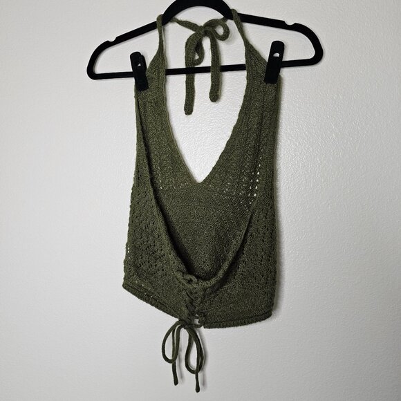 Festival M Green Crochet Top Halter Boho Wool Mohair Forest Fairy Whimsigoth - Picture 3 of 5